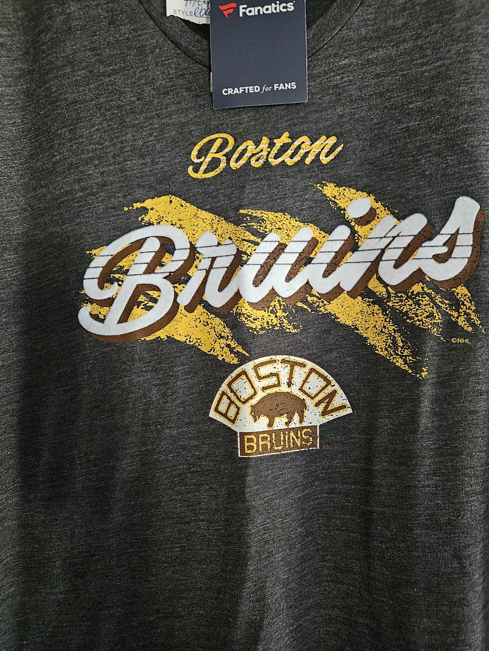 Fanatics Boston Bruins Heather Charcoal Tee with Gold & White Graphics